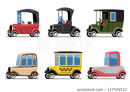 Classic early 20th-century vintage car vehicles set cartoon illustration . Flat design . Isolate on white background . Vector . 127589522