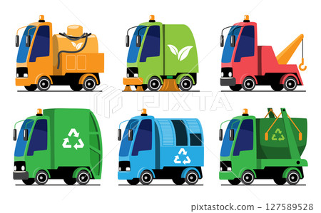Waste Management Vehicles or Garbage Truck set cartoon illustration . Flat design . Isolate on white background . Vector . 127589528