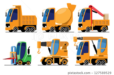 Industrial or Construction Vehicles set cartoon illustration included Dump, Cement Mixer, Forklift and Crane truck . Flat design . Isolate on white background . Vector . Industrial or Construction Vehicles set cartoon illustration included Dump, Cement Mixer, Forklift and Crane truck . Flat design . Isolate on white background . Vector . 127589529
