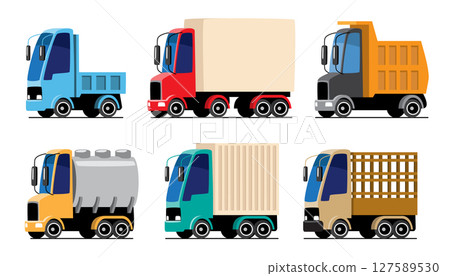 Logistics Trucks or Commercial transportation vehicles cartoon illustration included Flatbed, Box, Dump, Tanker, Container and Stake Truck . Flat design . Isolate on white background . Vector . Logistics Trucks or Commercial transportation vehicles cartoon illustration included Flatbed, Box, Dump, Tanker, Container and Stake Truck . Flat design . Isolate on white background . Vector . 127589530