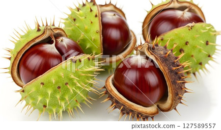 Group of ripe horse chestnuts in spiky green and brown husks on a white background for autumn harvest concept with natural beauty. 127589557