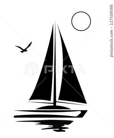 Boad on the sea wht birds cloudes and sun Boad on the sea wht birds cloudes and sun 127589566