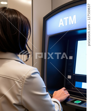 young woman pressing buttons at ATM, ATM display mockup 127589637