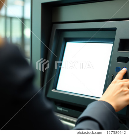 young woman with atm, close up, atm display mockup, banking concept 127589642