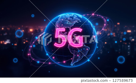 5G network hologram against the background of the globe with blue neon glow, high-speed internet concept 127589673