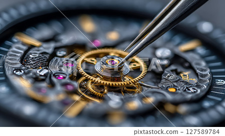 An extreme close up macro photograph capturing a watchmakers skilled hands assembling tiny mechanical parts. Generative AI 127589784