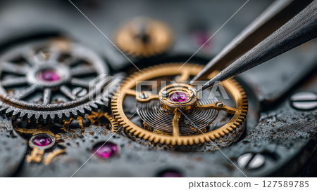 An extreme close up macro photograph capturing a watchmakers skilled hands assembling tiny mechanical parts. Generative AI 127589785