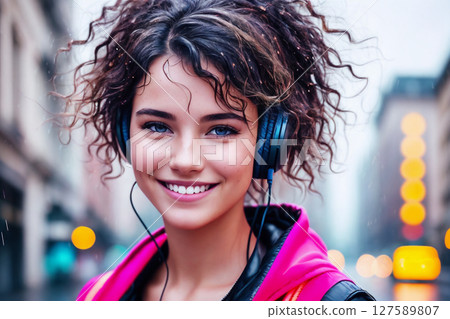 Portrait of a beautiful girl in headphones, rainy city street as a background. Generative AI. 127589807