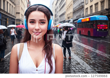 Portrait of a beautiful girl in headphones, rainy city street as a background. Generative AI. 127589868