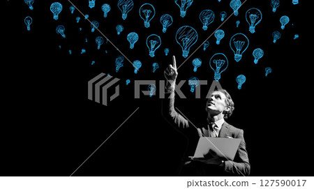 A clean, vibrant collage featuring a confident business person holding a laptop and pointing upward, surrounded by glowing lightbulb icons symbolizing innovation and fresh ideas. 127590017