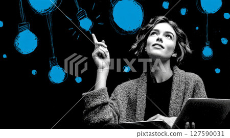 A clean, vibrant collage featuring a confident business person holding a laptop and pointing upward, surrounded by glowing lightbulb icons symbolizing innovation and fresh ideas. 127590031