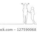 Line drawing of a parent and child doing a piggyback ride - A friendly family on holiday 127590068