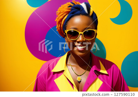 Portrait of an african woman with colorful mohawk hair and sunglasses on abstract painted background, summer vibrancy. Generative AI. Portrait of an african woman with colorful mohawk hair and sunglasses on abstract painted background, summer vibrancy. Generative AI. 127590110