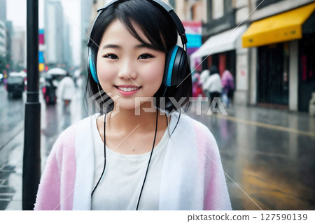 Portrait of a beautiful girl in headphones, rainy city street as a background. Generative AI. 127590139