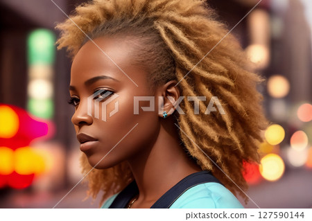 A beautiful african american woman portrait, city street with lights as background. Generative AI. 127590144