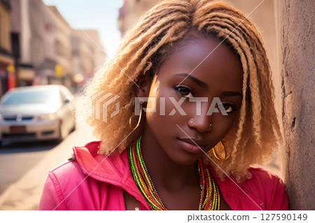 A beautiful african american woman portrait, city street as background. Generative AI. A beautiful african american woman portrait, city street as background. Generative AI. 127590149