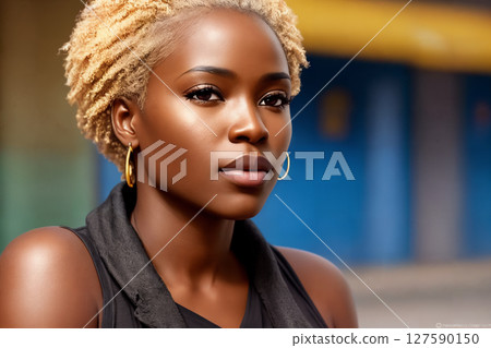 A beautiful african american woman portrait, city street as background. Generative AI. A beautiful african american woman portrait, city street as background. Generative AI. 127590150