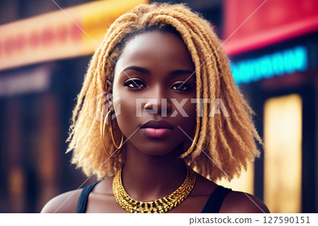 A beautiful african american woman portrait, city street with lights as background. Generative AI. 127590151