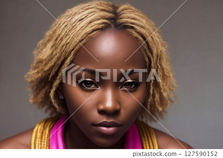 A beautiful african american woman portrait, gray wall as background. Generative AI. 127590152