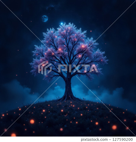 fantasy landscape with lonely tree and stars in the sky, infrared photography, 5g network concept 127590200