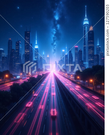 futuristic cityscape with neon lights and sky background under night sky futuristic cityscape with neon lights and sky background under night sky 127590203