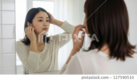 在鏡子前換衣服的年輕女人 127590510