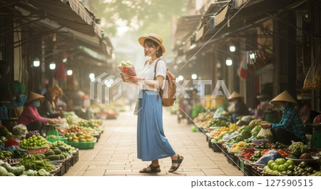 Smiling woman shopping at a market in Southeast Asia 127590515