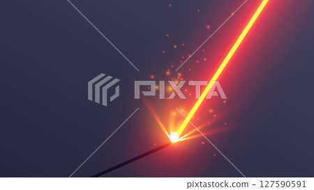 A red laser beam cuts metal in close-up. The orange plasma beam of the welding machine strikes sparks from metal. Vector template of a laser beam with sparks from cnc machine on industry factory. 127590591