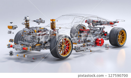 Modern Performance Car - Exploded 3D Technical View. Generative AI 127590700
