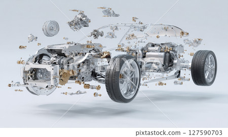 Modern Performance Car - Exploded 3D Technical View. Generative AI Modern Performance Car - Exploded 3D Technical View. Generative AI 127590703