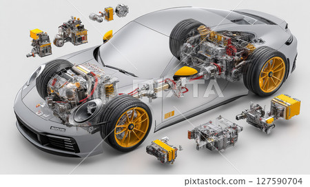Modern Performance Car - Exploded 3D Technical View. Generative AI 127590704