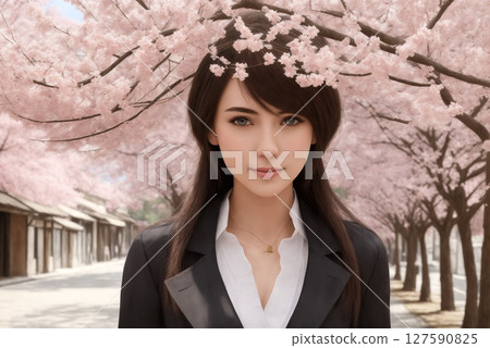 Portrait of a beautiful woman on a background of city street and sakura blossoms. Generative AI. Portrait of a beautiful woman on a background of city street and sakura blossoms. Generative AI. 127590825