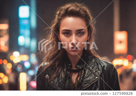 A beautiful woman portrait, night city as background. Generative AI. A beautiful woman portrait, night city as background. Generative AI. 127590826