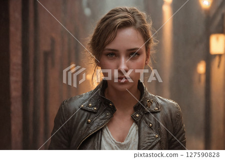 A beautiful woman portrait, rainy night city as background. Generative AI. 127590828