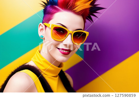 Portrait of a woman with colorful mohawk hair and sunglasses on a abstract painted background, summer vibrancy. Generative AI. 127590859
