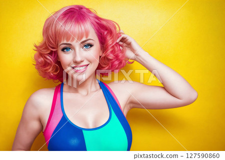 Portrait of a fashionable woman with pink hair and sunglasses on yellow background. Generative AI. 127590860