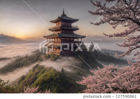 Sakura blossoms in japanese style ornamental garden, beautiful landscape. Generative AI. 127590861
