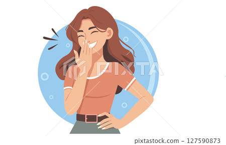 A woman is laughing with her hand covering her mouth. A woman is laughing with her hand covering her mouth. 127590873