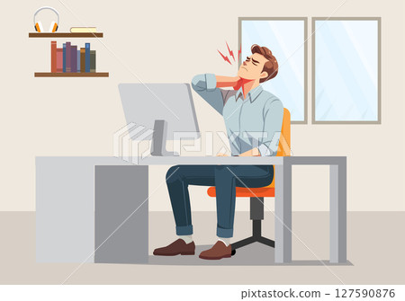 Illustration of a man sitting holding his neck, indicating pain in his cervical spine. Illustration of a man sitting holding his neck, indicating pain in his cervical spine. 127590876