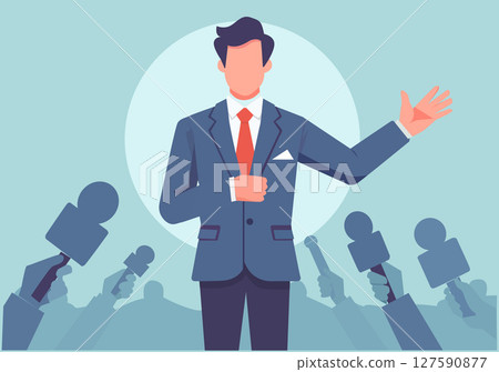 Illustration of a man in a suit giving an interview to the media. Illustration of a man in a suit giving an interview to the media. 127590877