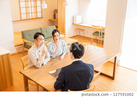 一位商人和一對年輕夫婦在客廳討論生意 127591002