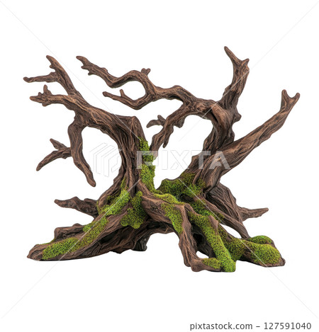 Piece of driftwood with intricate branches and green moss creates natural, rustic aesthetic. Ideal for aquariums or terrariums, it adds texture and touch of nature to any setting 127591040