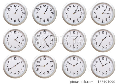 A set of 12 Round Silver Wall Clocks Showing 01:00 to 01:55 or 13:00 to 13:55 Isolated-White. Useful for concepts like noon, midnight, deadline, countdown, or time management. A set of 12 Round Silver Wall Clocks Showing 01:00 to 01:55 or 13:00 to 13:55 Isolated-White. Useful for concepts like noon, midnight, deadline, countdown, or time management. 127591090