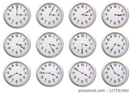 A set of 12 Round Silver Wall Clocks Showing 03:00 to 03:55 or 15:00 to 15:55 Isolated-White. Useful for concepts like noon, midnight, deadline, countdown, or time management. A set of 12 Round Silver Wall Clocks Showing 03:00 to 03:55 or 15:00 to 15:55 Isolated-White. Useful for concepts like noon, midnight, deadline, countdown, or time management. 127591092