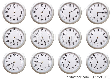 A set of 12 Round Silver Wall Clocks Showing 06:00 to 06:55 or 18:00 to 18:55 Isolated-White. Useful for concepts like noon, midnight, deadline, countdown, or time management. 127591095