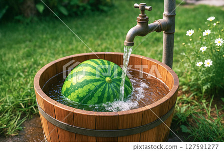 Watermelon cooled by the water tap in the garden 127591277