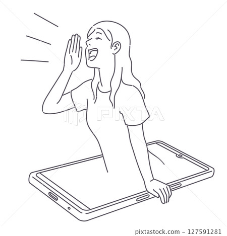Smiling woman shouting from her smartphone, lines only Smiling woman shouting from her smartphone, lines only 127591281