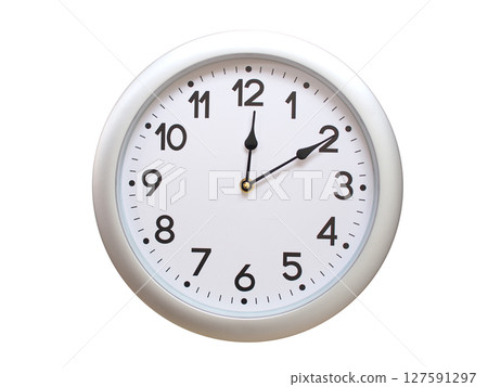 Round Silver Wall Clock Showing 00:10 or 12:10 Isolated-White. Useful for concepts like noon, midnight, deadline, countdown, or time management. 127591297