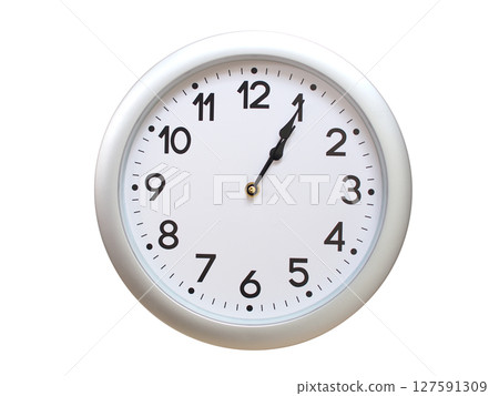 Round Silver Wall Clock Showing 01:05 or 13:05 Isolated-White. Useful for concepts like noon, midnight, deadline, countdown, or time management. 127591309