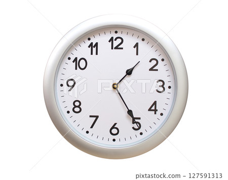 Round Silver Wall Clock Showing 01:25 or 13:25 Isolated-White. Useful for concepts like noon, midnight, deadline, countdown, or time management. Round Silver Wall Clock Showing 01:25 or 13:25 Isolated-White. Useful for concepts like noon, midnight, deadline, countdown, or time management. 127591313